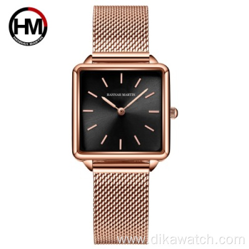 Hannah Martin Watch Women 1 Set Bracelet Japan Movement Simple Fashion Ladies Watch Rose Gold Steel Mesh Square Dial Reloj Mujer